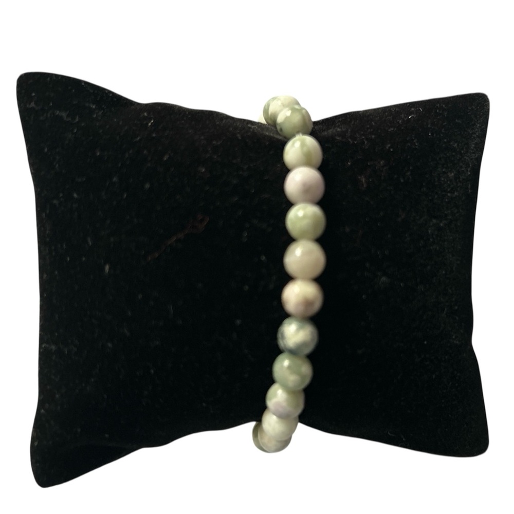 Natural Green / White Peace Jade Beaded Stretch Bracelet 6mm